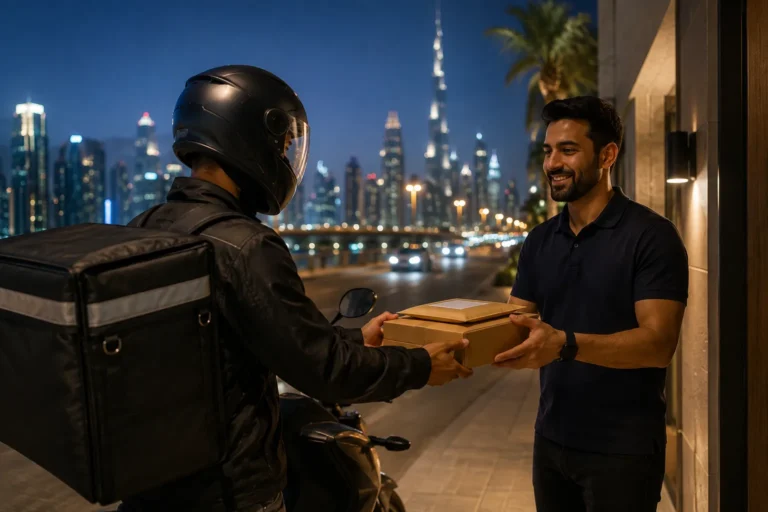 24/7 urgent delivery service in Dubai with a courier delivering a parcel at night