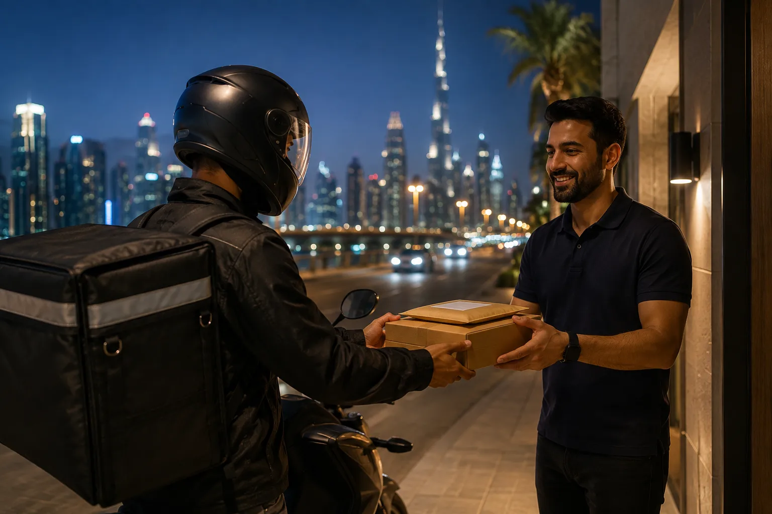 24/7 urgent delivery service in Dubai with a courier delivering a parcel at night