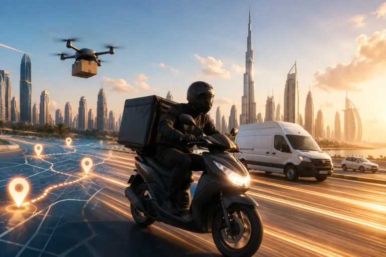 Dubai fast delivery network with a delivery rider, van, drone, and connected routes across the city skyline