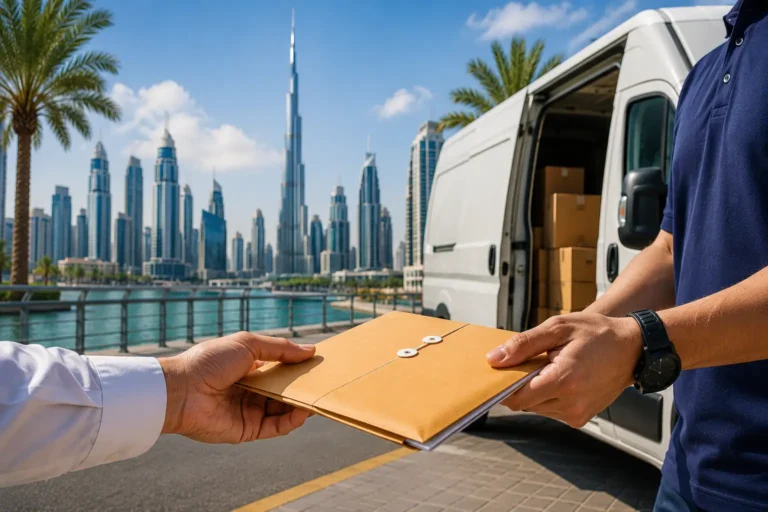 Trusted document delivery service in Dubai with courier handing a secure document envelope to a customer
