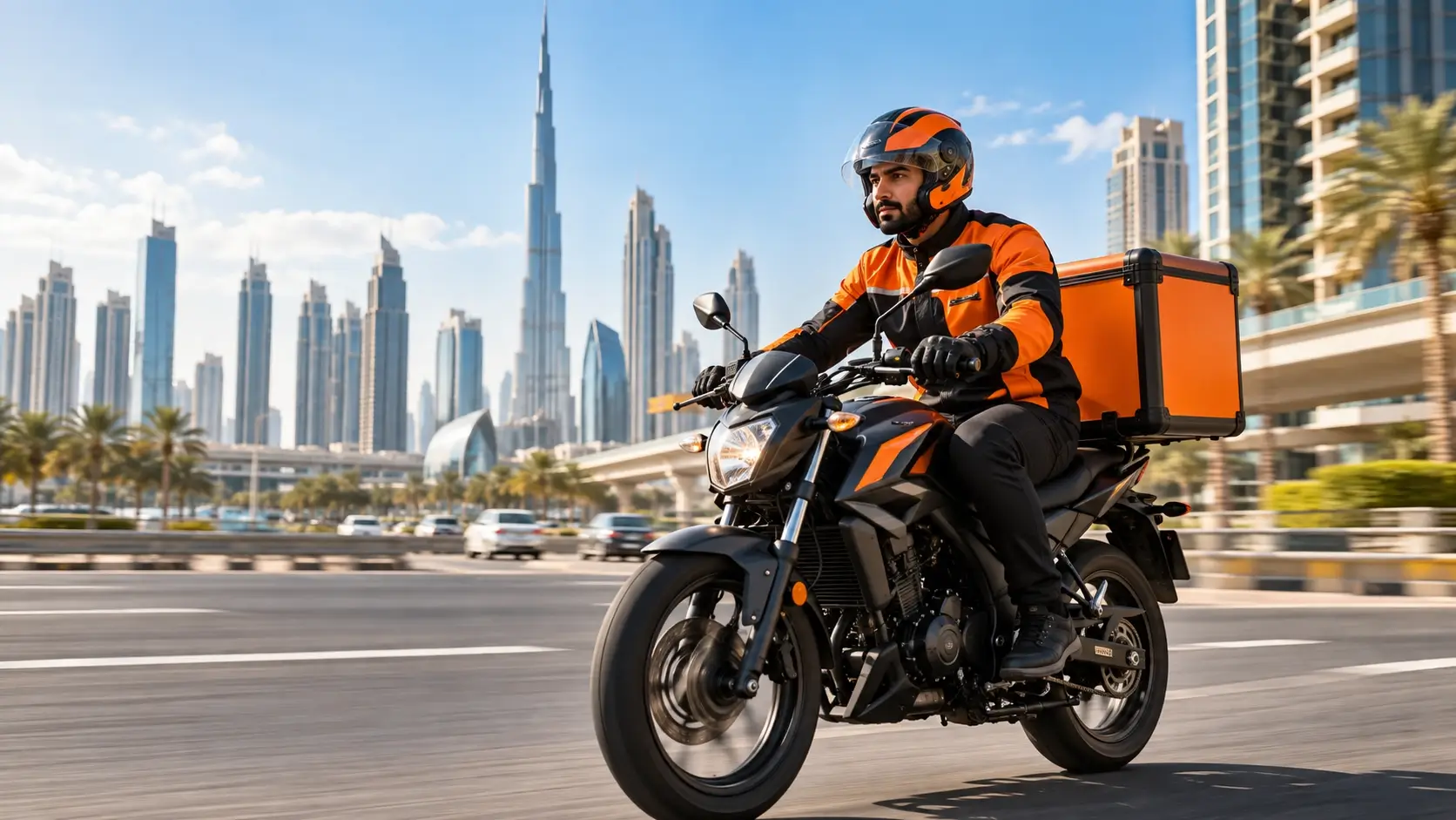 Urgent delivery service in Dubai with a courier rider and Dubai skyline
